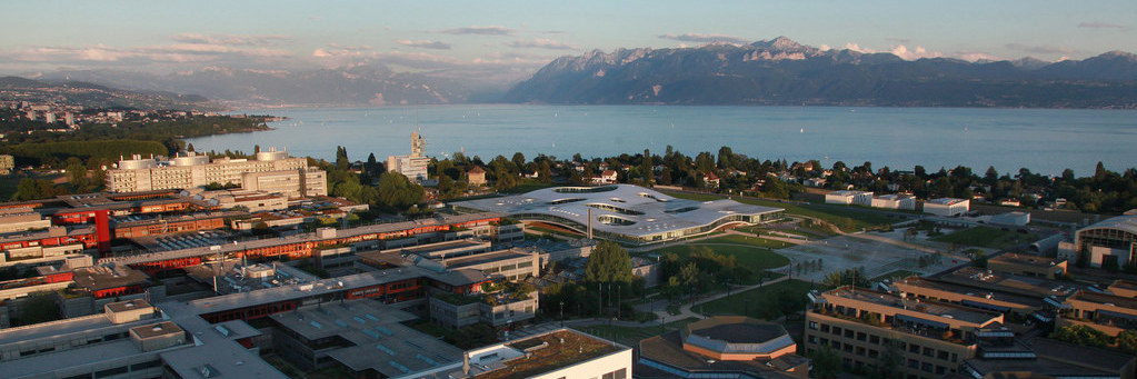 Aerial view of EPFL's campus at dusk